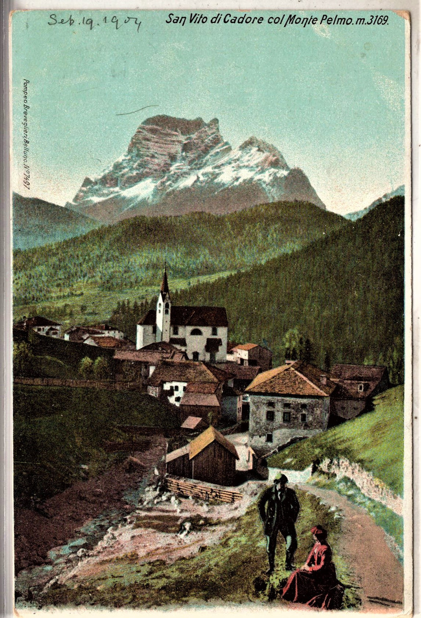 Cartolina antica San Vito di Cadore con monte Pelmo