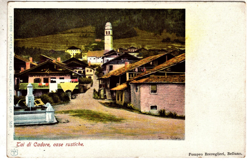 Cartolina antica TAI di Cadore case rustiche nel 1900