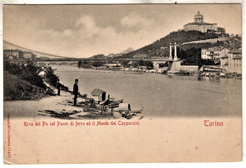 Cartolina antica Torino riva del PO col ponte in ferro e monte Cappuccini