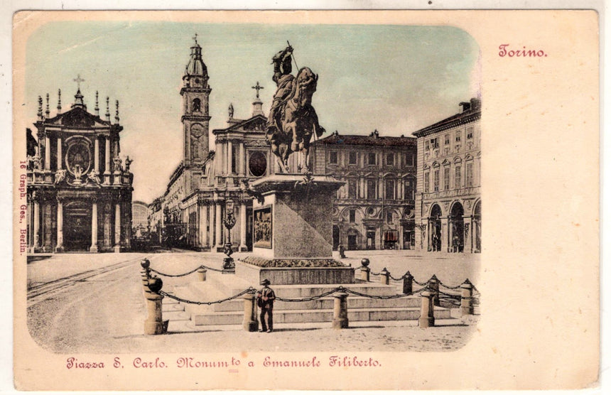 Cartolina antica Torino piazza S.Carlo monumento a E. Filiberto