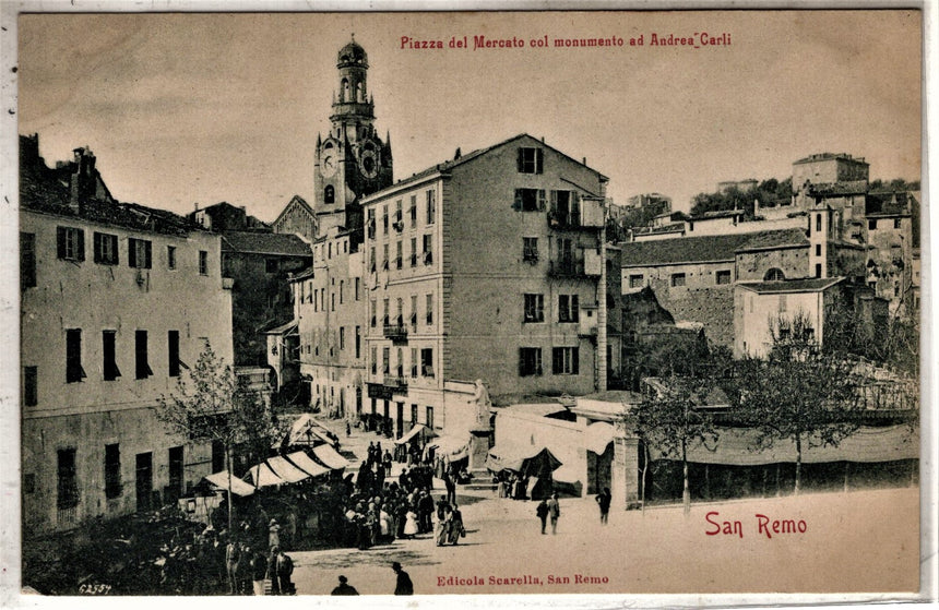 Cartolina antica San Remo piazza del Mercato e monumento a Andrea Carli