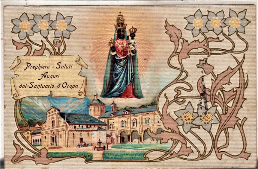 Cartolina antica Auguri dal Santuario d Oropa
