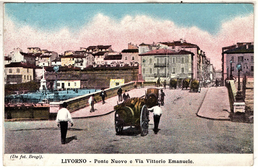 Cartolina antica Livorno ponte nuovo e via V. Emanuele