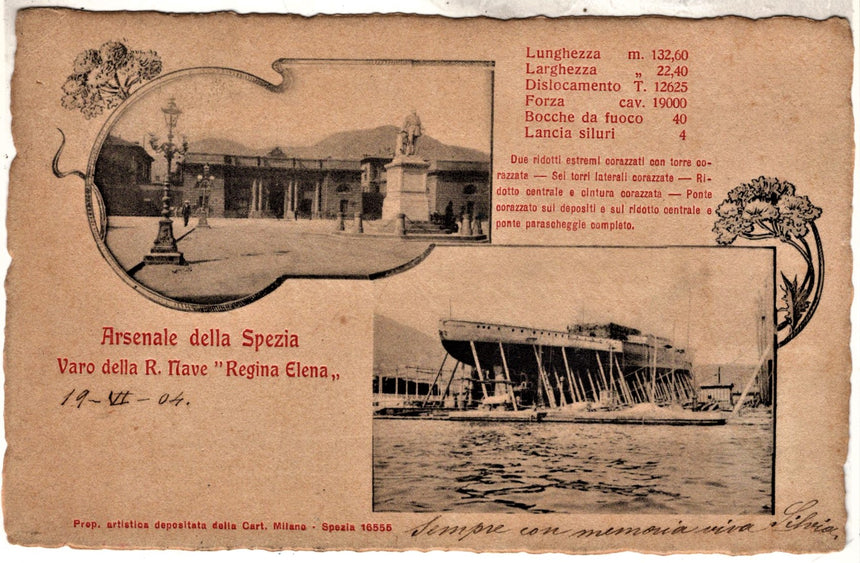 Cartolina antica Arsenale della Spezia varo della Reggia nave Regina Elena