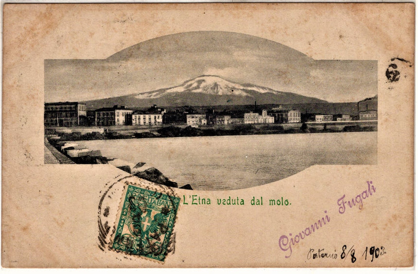 Cartolina antica Palermo L Etna visto dal molo