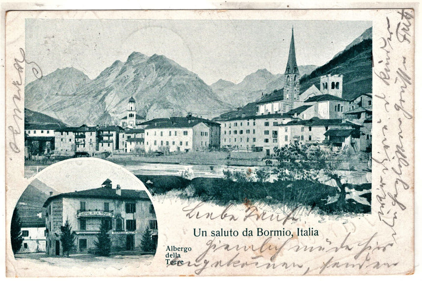 Cartolina antica Un saluto da Bormio albergo della Torre