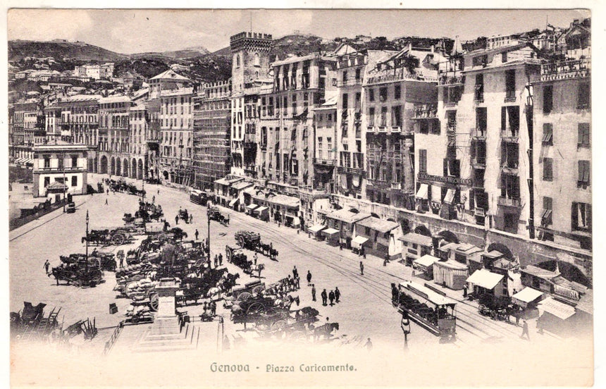 Cartolina antica Un saluto da Genova piazza Caricamento