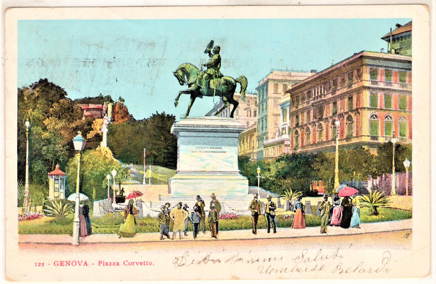 Cartolina antica Genova piazza Corvetto e monumento