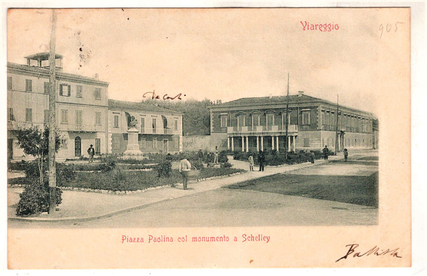 Cartolina antica Viareggio piazza Paolina con monumento a Schelley