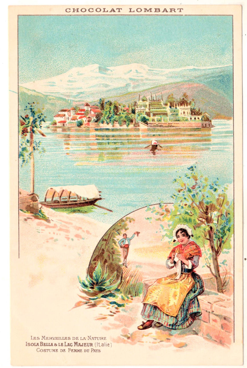 Cartolina antica Isola Bella e le Lac Majeur pubblicità Chocolat Lombart