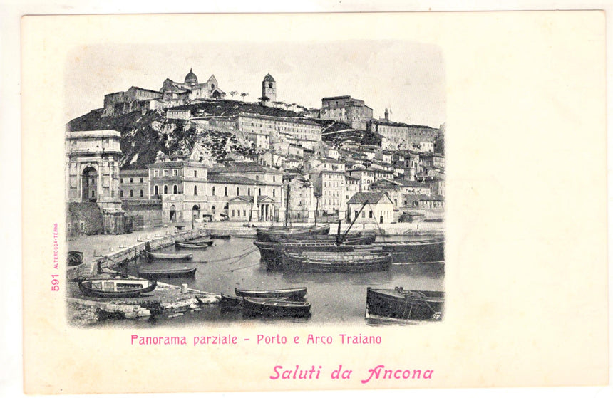 Cartolina antica Saluti da Ancona porto e arco Traiano