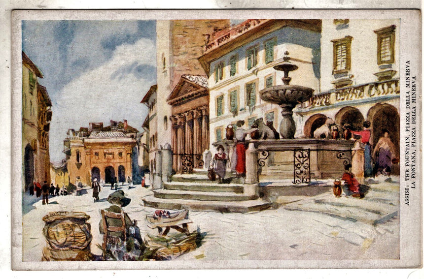 Cartolina antica Assisi la fontana in piazza della Minerva