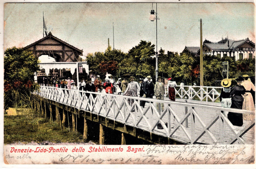 Cartolina antica Venezia Lido pontile dello stabilimento bagni