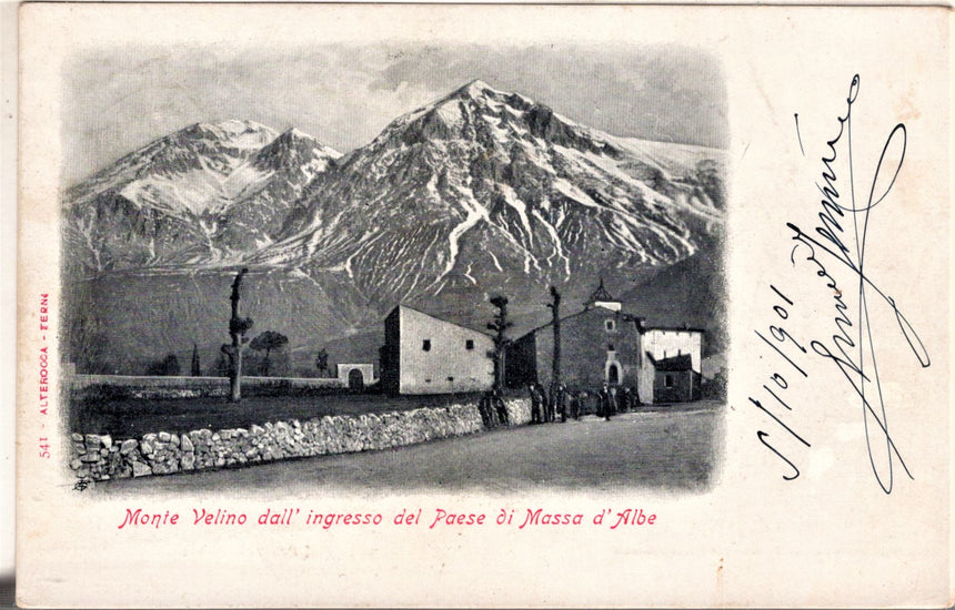 Cartolina antica Monte Velino dall ingresso del paesedi Massad Albe