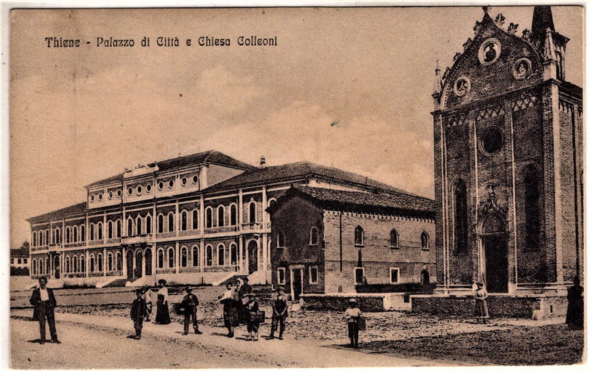 Cartolina antica Thiene palazzo di città e chiesaColleoni