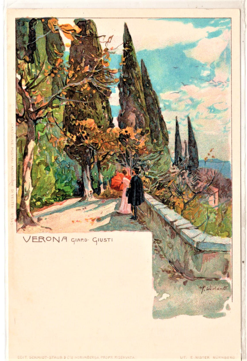 Cartolina antica Verona giardino Giusti dis.Wielandt