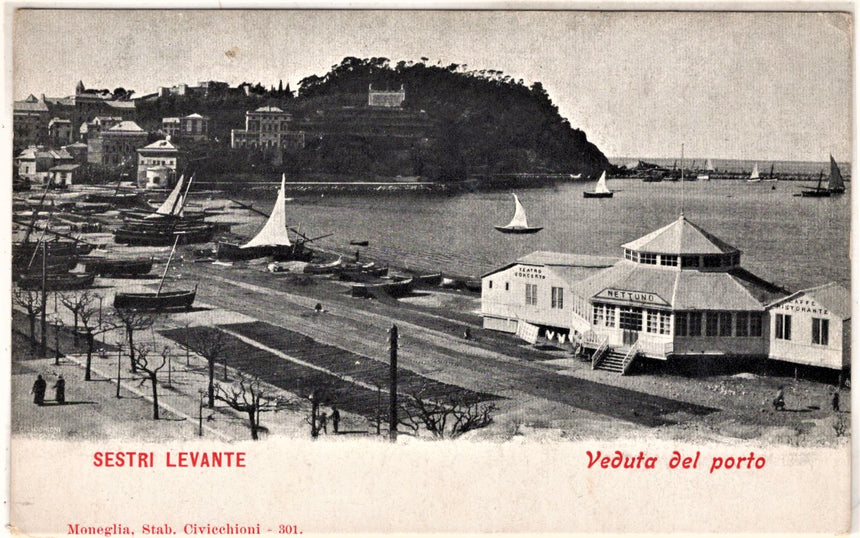 Cartolina antica Sestri Levante veduta del porto teatro Nettuno