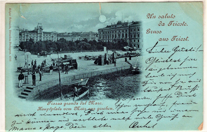 Cartolina antica Trieste un saluto Gruss aus Triest piazza Grande