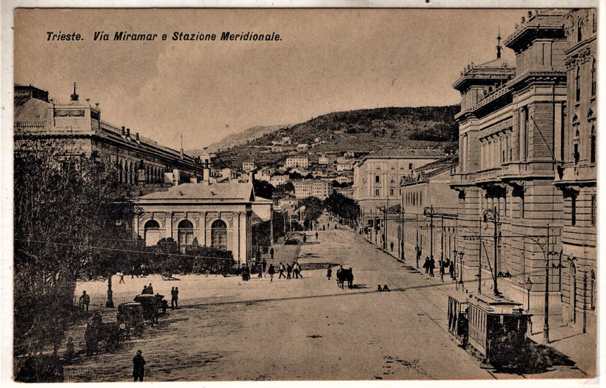 Cartolina antica Trieste via Miramar e stazione Meridionale