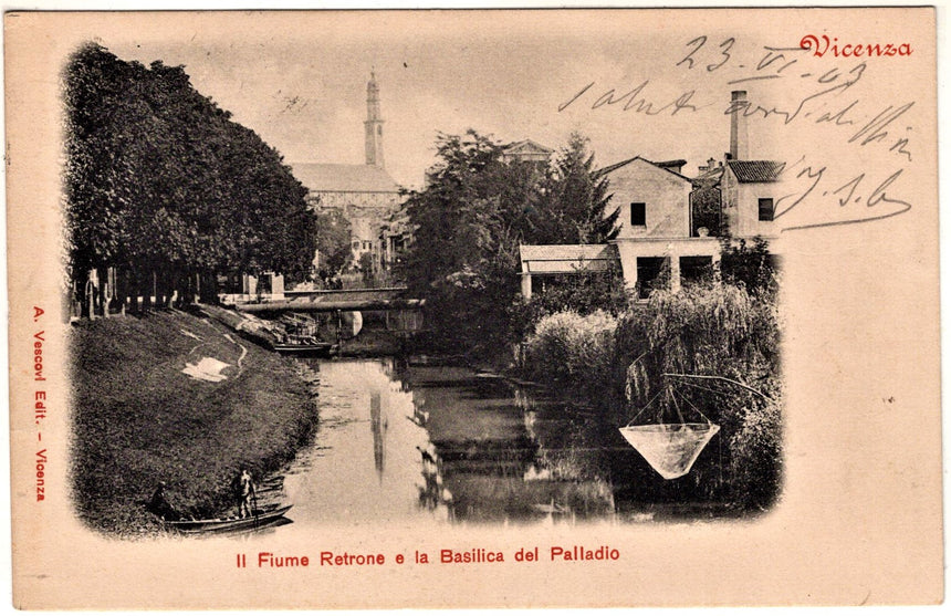 Cartolina antica Vicenza fiume retrone e chiesa del Palladio