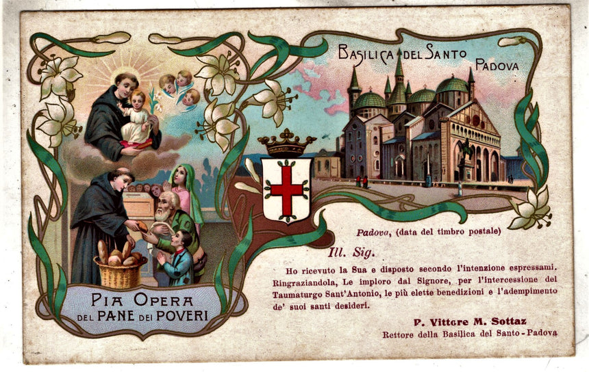 Cartolina antica Padova Basilica del Santo Pia opera del pane per poveri