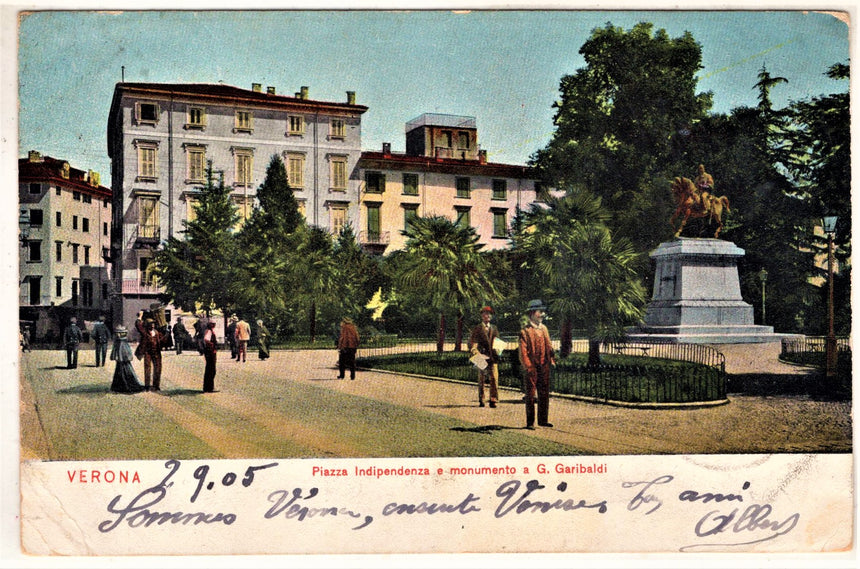 Cartolina antica Verona piazza indipendenza e monumento a Garibaldi