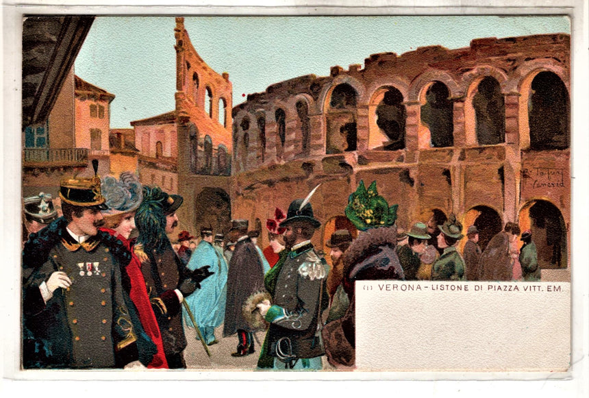 Cartolina antica Verona listone di piazza V.Emanuele dis.Tafuri