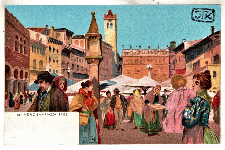 Cartolina antica Verona piazza Erbe dis Tafuri