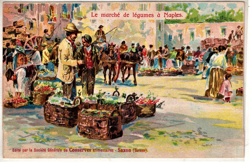 Cartolina antica Napoli mercato pubblicità in francese conserve Saxson