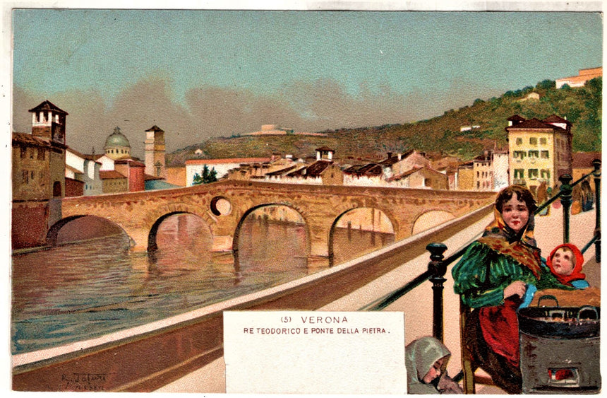 Cartolina antica Verona ponte della pietra dis. Fafuri