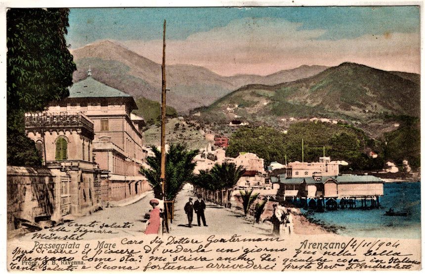 Cartolina antica Arenzano passeggiata a mare Genova