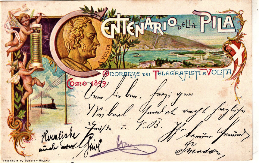Cartolina antica Como Centenario della pila onoranze a Volta
