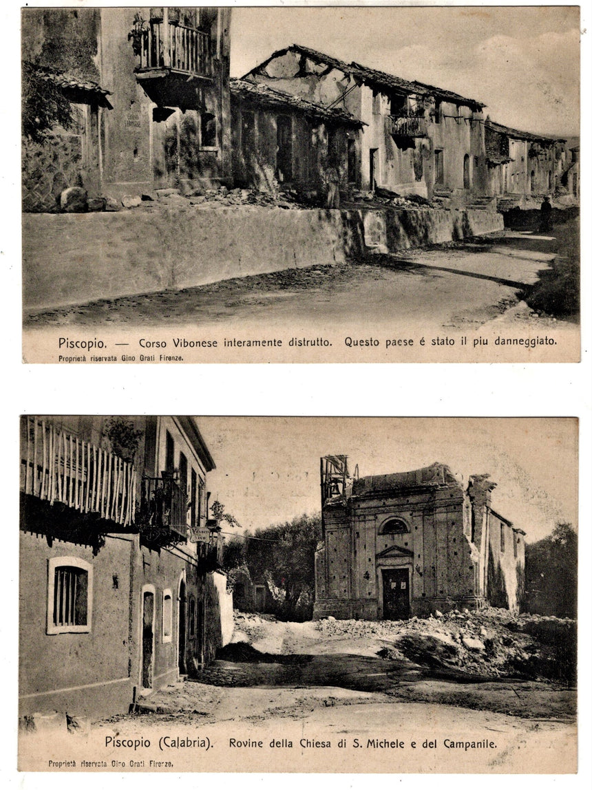 Cartolina antica Piscopo rovine della chiesa e corso Vibonese dopo il terremoto