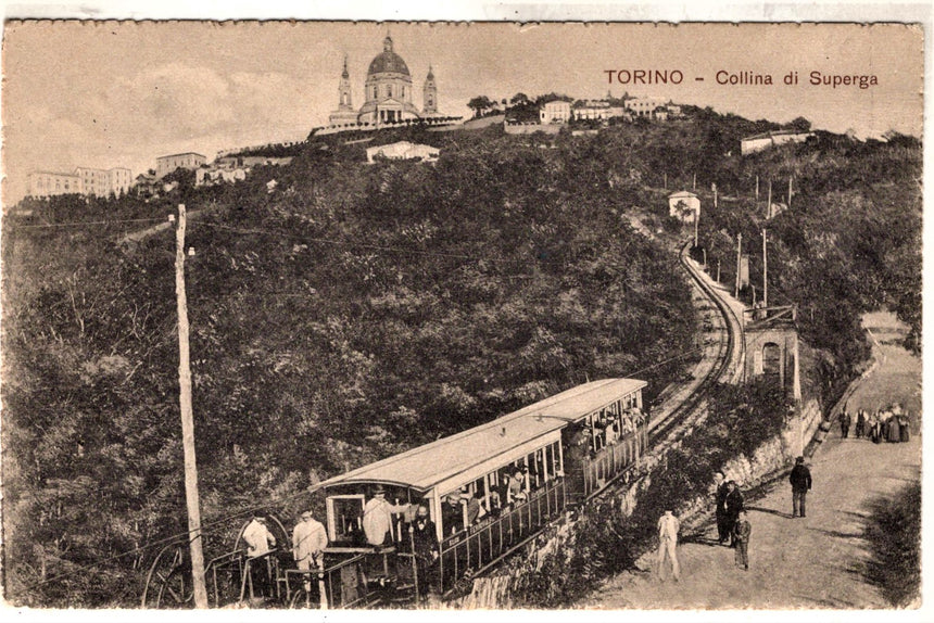 Cartolina antica Torino funicolare sulla collina Superga