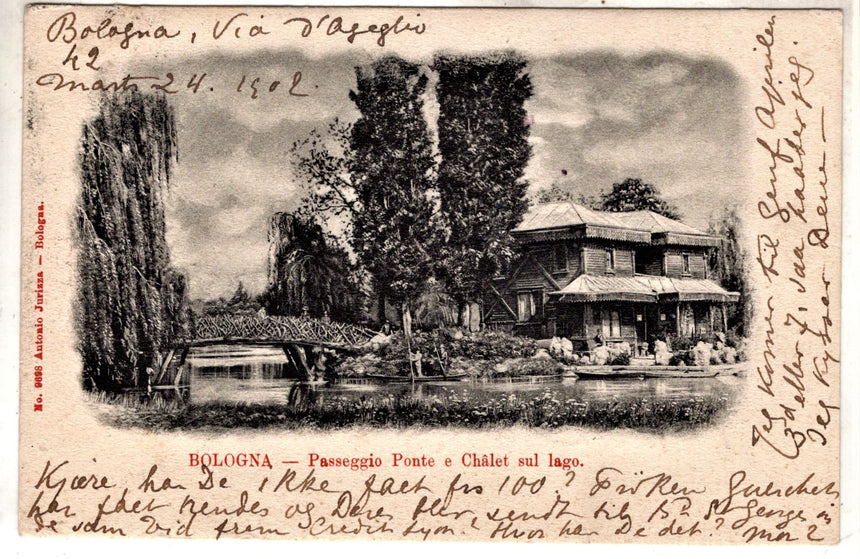 Cartolina antica Bologna passaggio ponte e Chalet sul lago