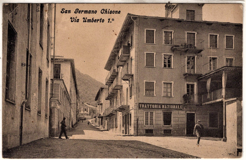 Cartolina antica San Germano Chisone via Umberto I Trattoria Nazionale