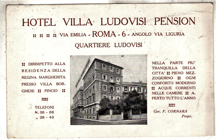 Cartolina antica pubblicità Roma hotel Villa Ludovisi
