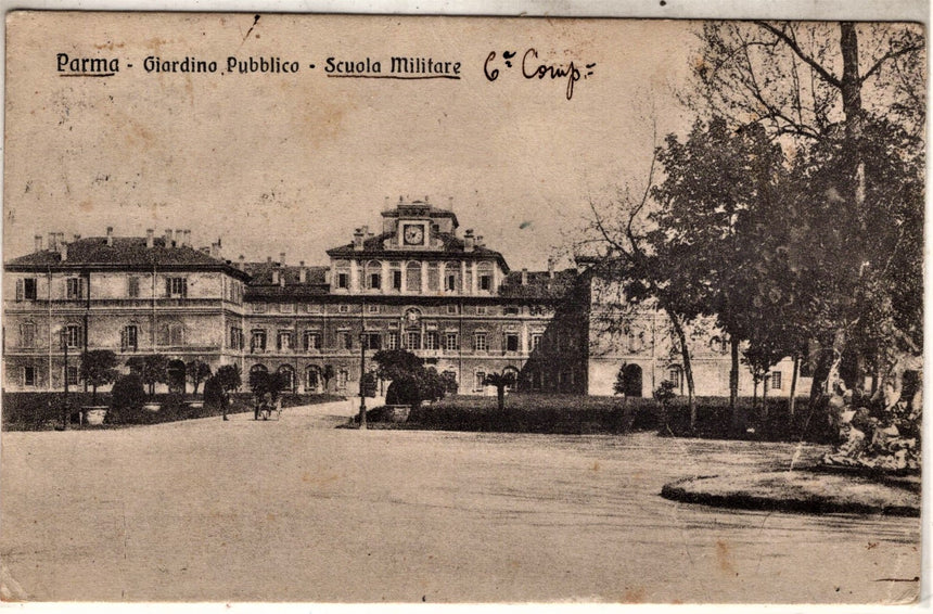 Cartolina antica Parma giardino e scuola militare