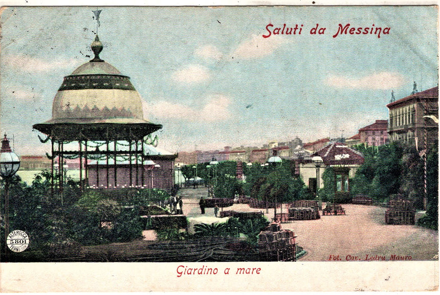 Cartolina antica Saluti da Messina giardino a mare