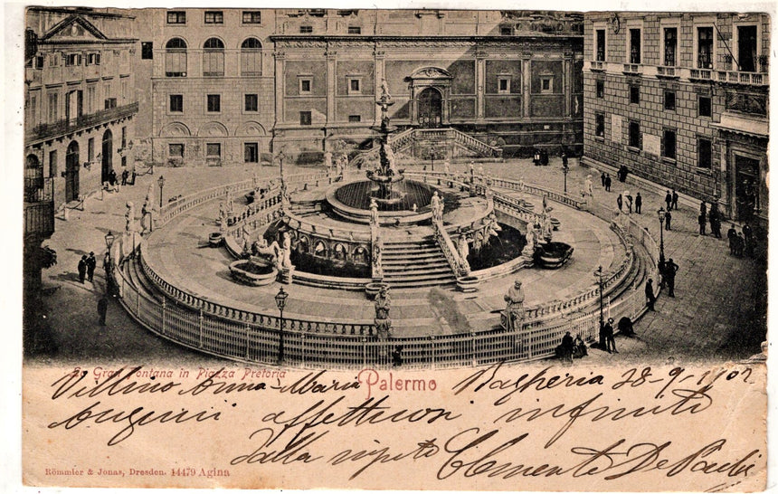 Cartolina antica Palermo gran fontana in piazza pretoria