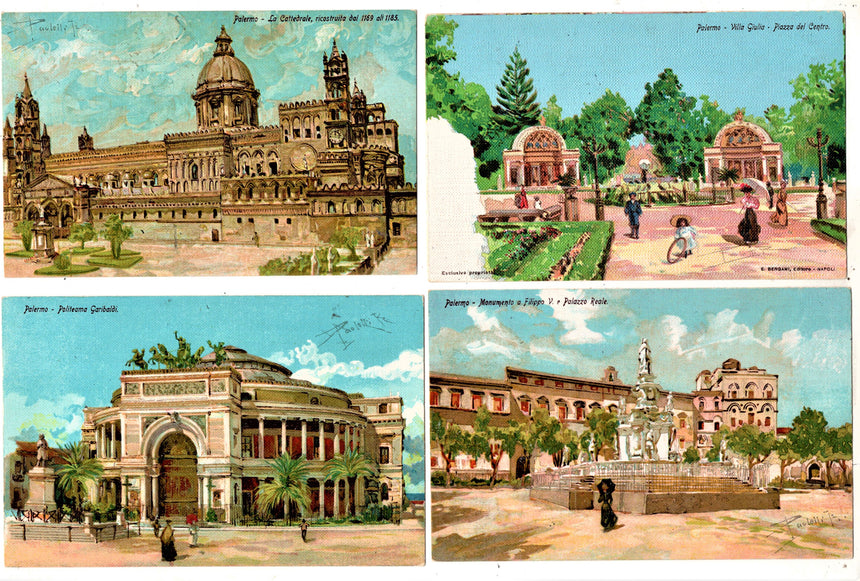 Cartolina antica Palermo politeama Garibaldi Cattedrale villa Giulia pal.Reale