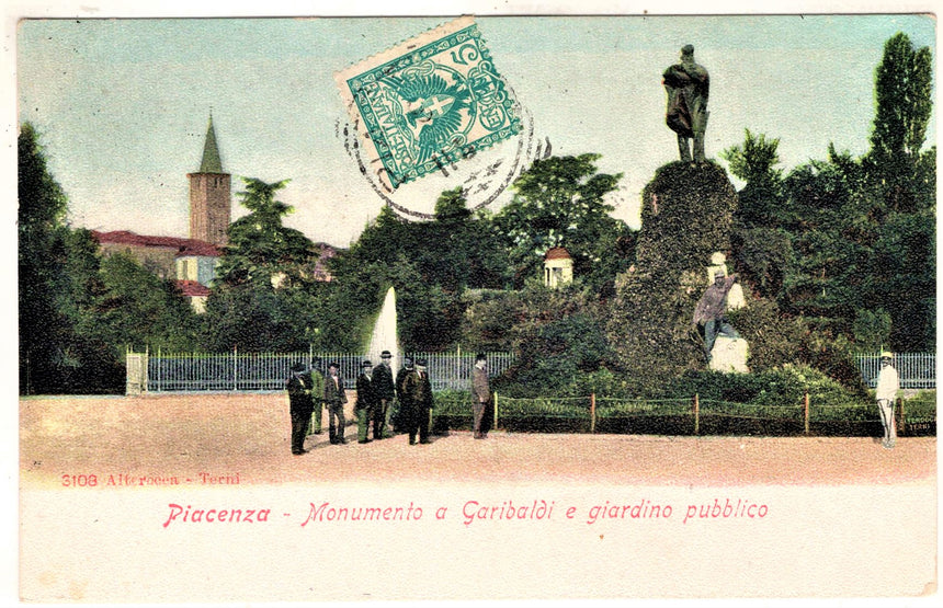 Cartolina antica Piacenza giardino e monumento a Garibaldi