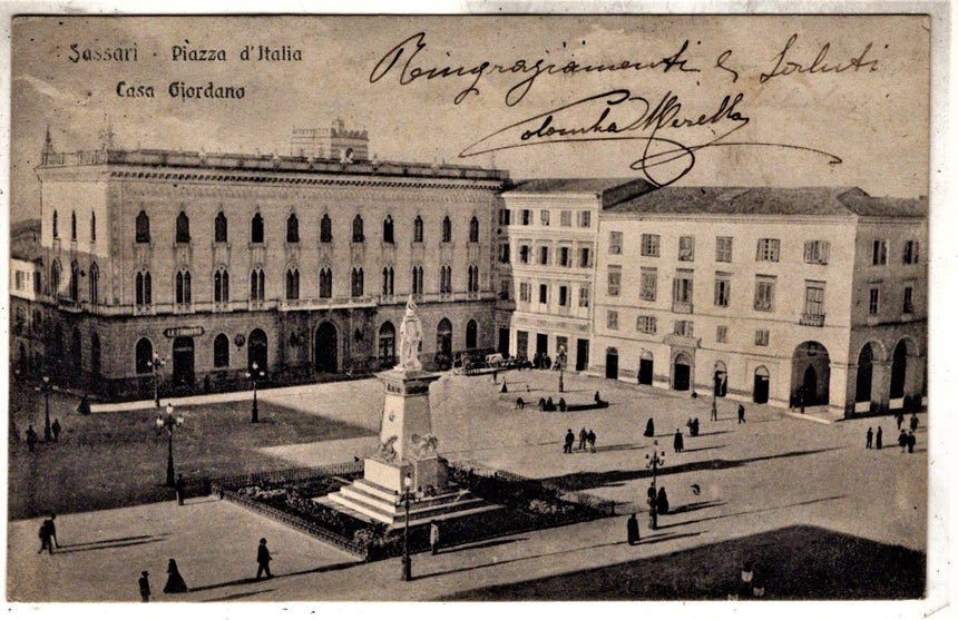 Cartolina antica Sassari piazza Italia casa Giordano