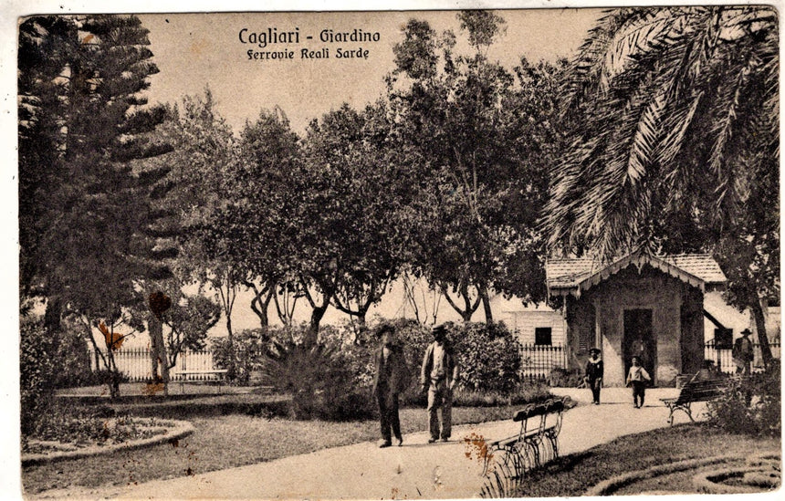 Cartolina antica Cagliari Giardino ferrovie Reali Sarde