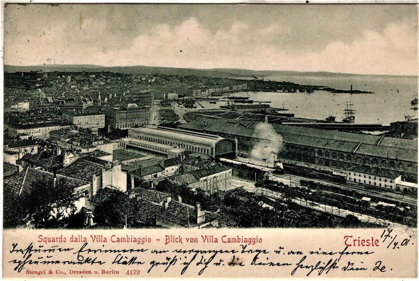 Cartolina antica Trieste sguardo dalla villa Cambiaggio panorama e stazione