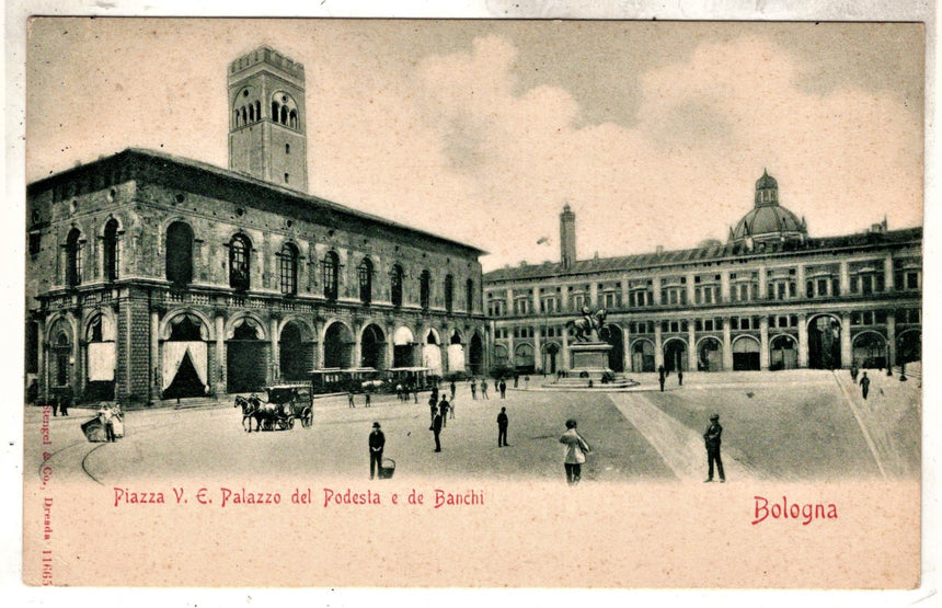 Cartolina antica Bologna piazza e palazzo del Podestà