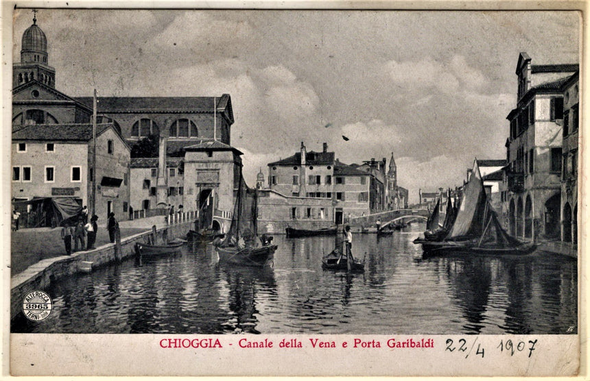 Cartolina antica Chioggia Canal della Vena e porta Garibaldi