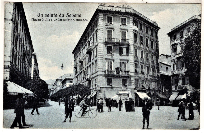 Cartolina antica Un saluto da Savona piazza Giulio II e corso princ.Amedeo