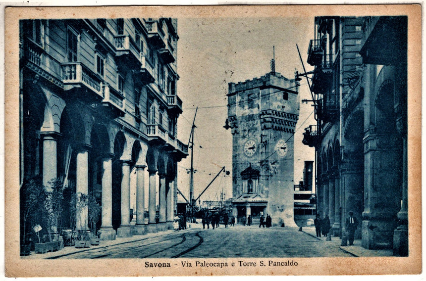 Cartolina antica Savona via Paleocapa e torre S.Pancaldo