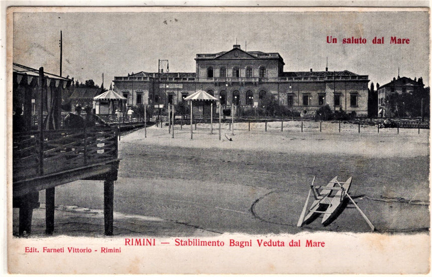 Cartolina antica Rimini stabilimenti bagni visti dal mare